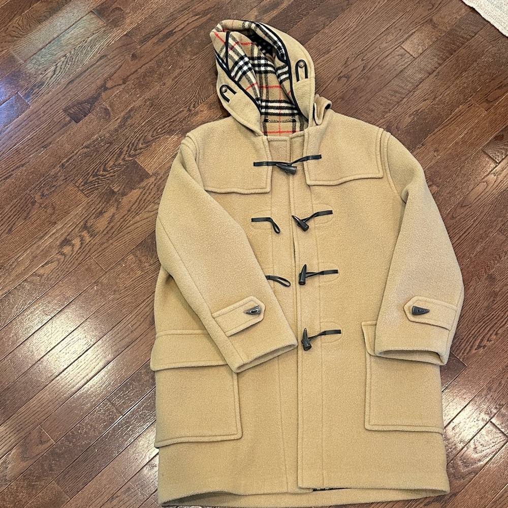 Burberry Beige Hooded Duffle Coat with Signature Check Hood